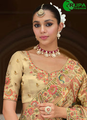Cream Color Silk Embroidered, Khatli and Print Work Traditional Designer Saree